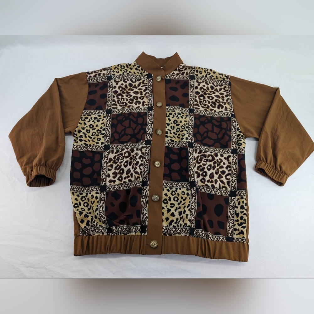 Vintage LEOPARD Print Jacket Windbreaker Gold Lion Buttons SPORT SAVVY Women's L - Picture 16 of 16